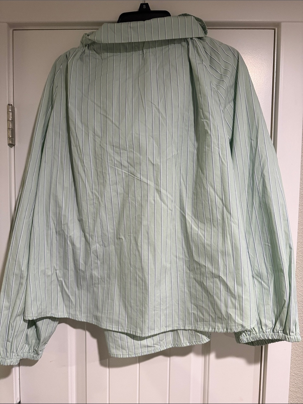 Light Green Striped Ruffled Tie-Neck Blouse - Picture 7 of 9